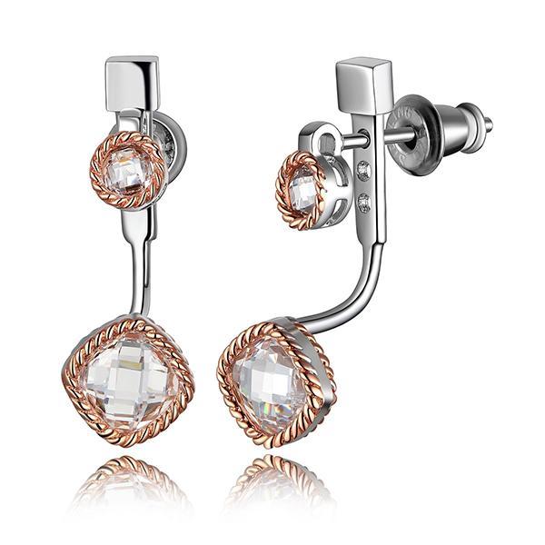 ER2LC4A00-2T Sterling Silver Bezel Set Cushion Cut Front and Back Jacket Two Tone Earring