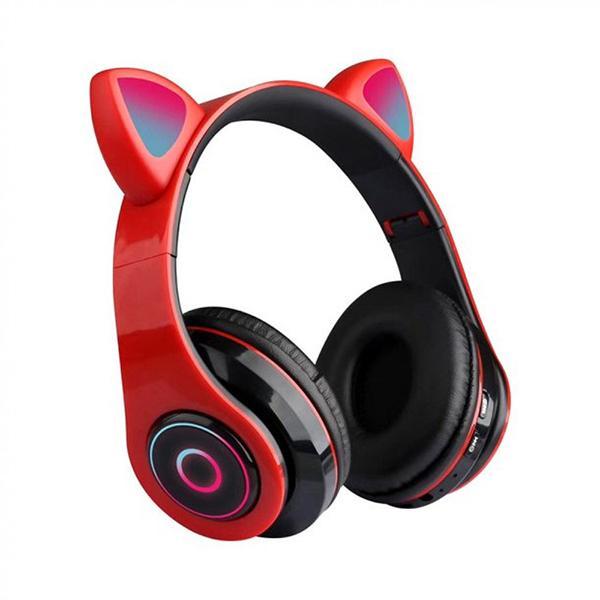 Bluetooth Wireless Cute Cat LED Foldable Headphone Headset with Built in Mic - Red