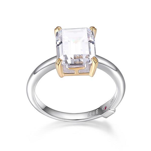 RR4LABY00-2T-6 Sterling Silver SIGNATURE Cubic Zirconia Solitaire Emerald Cut Two Tone Ring Size 6