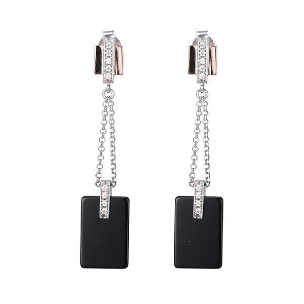 ER2LCDV97-2T Sterling Silver MIDNIGHT Black Agate Cubic Zirconia Drop Two Tone Earrings