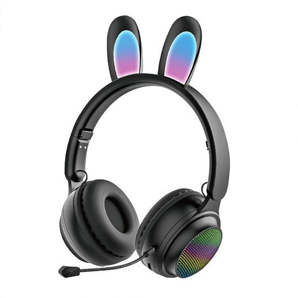 Cute Bunny Ear Bluetooth Wireless Foldable Headphone Headset with Microphone and FM Radio KIST81M for Universal Cell Phone And Bluetooth Device - Black
