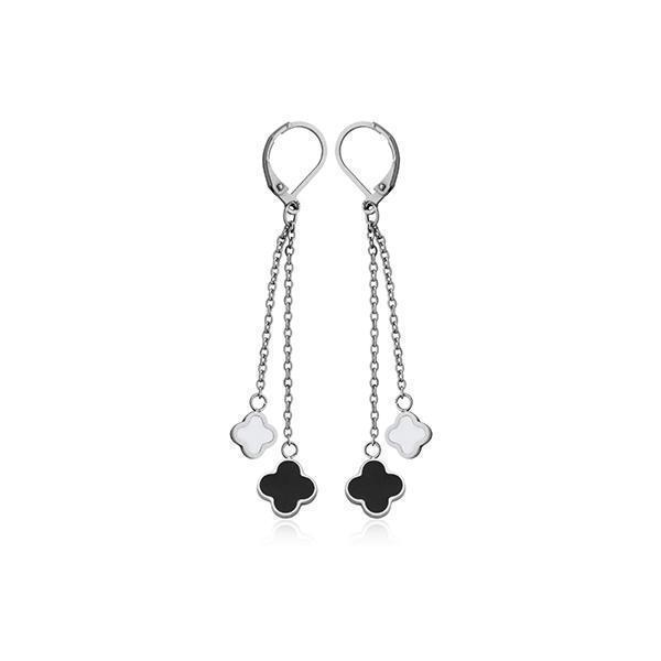CJ Steelx Clover Dangle Stainless Steel Earring with Black and White Enamel