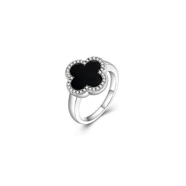 RR4Q03W-W-7 Sterling Silver "Bliss" Black Agate with CZ Clover Ring - Silver