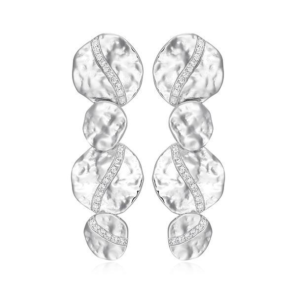 ER2LCTX00-W Sterling Silver GALAXY Finish Texture Multi Size Round Disc Cubic Zirconia Long Drop Stud Earrings
