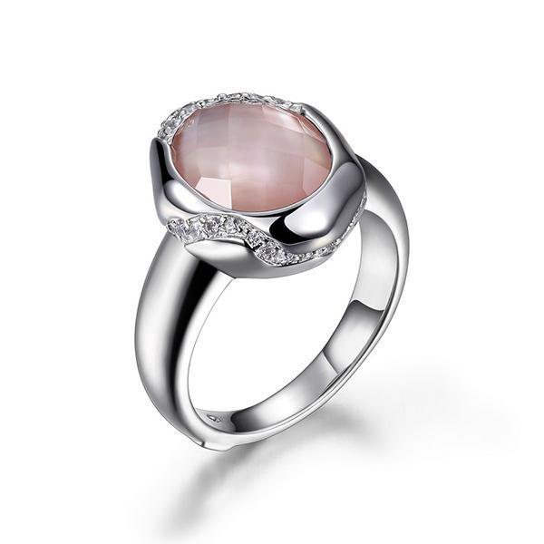 RR4LA5697-W-6 Sterling Silver Pink Mother of Pearl with Crystal Overlay Ring Size 6