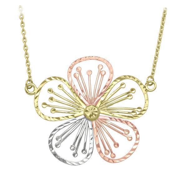 10K Tri Color Blossom Shaped Pendant with Necklace