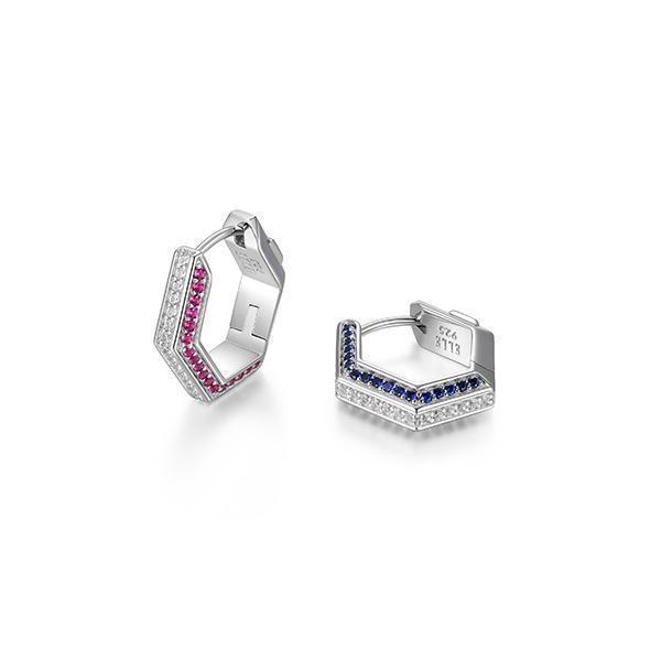 ER2LCSG-W "Cheer" Created Sapphire, Ruby & White Sapphire Hexagon Shape Hoop Earrings