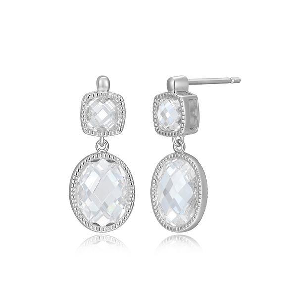 ER2LCTS00-W Sterling Silver ESSENCE Checkboard Cut Oval Cushion Cubic Zirconia Stud Earrings