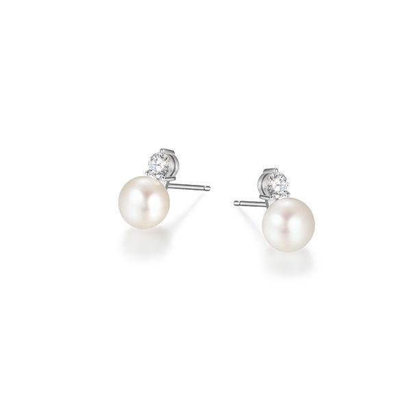 ER2LCSA45-W Sterling Silver MAJESTIC Genuine White Pearl With Cubic Zirconia Accent Stud Earrings