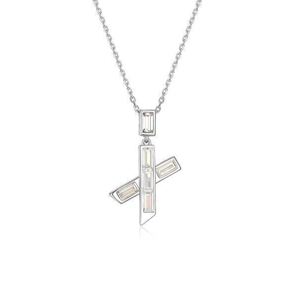 NR0LBY7-W "Baguette" Straight Baguette Cubic Zirconia Criss-Cross Pendant Necklace