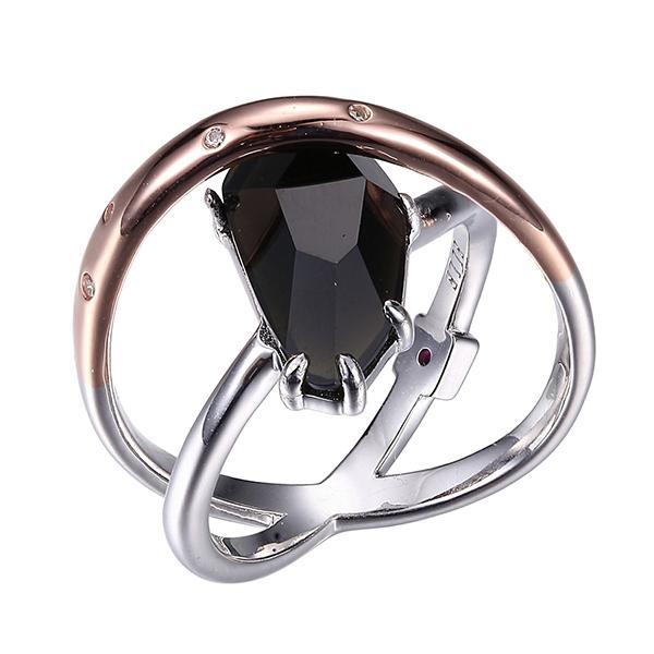 RR4LA8MDW-2T-7 Sterling Silver Genuine Obsidian and Cubic Zirconia Two Tone Ring Size 7