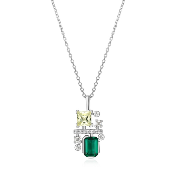 NR0LBZR6-W Puzzle Multi-Shape Created Emerald and Sapphire Pendant Necklace