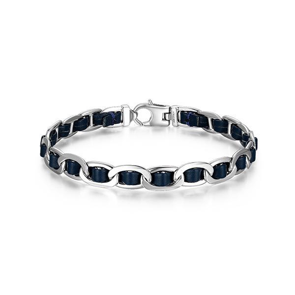 Sterling silver CJ Ethos ITALIAN CHAIN rhodium plated 4mm blue leather and marine bracelet
