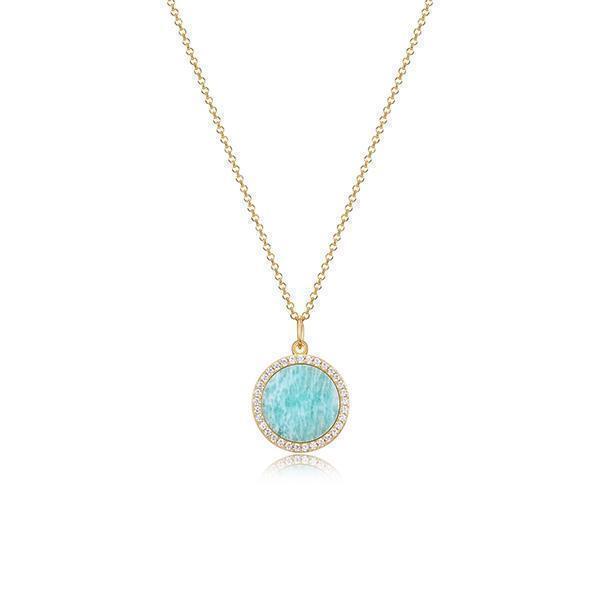 Fleur de Vie Collection Diamondlite Cubic Zirconia and Peru Amazonite Adjustable 13mm Round Locket Necklace - Gold