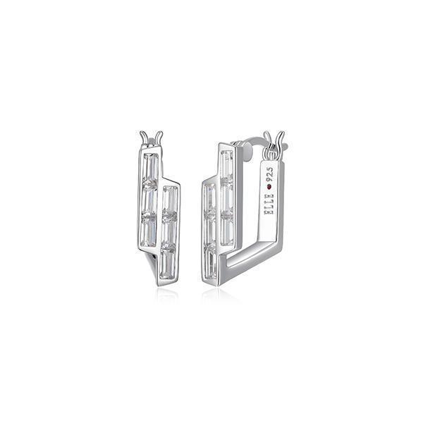 ER2LCSE-W "Baguette" Straight Baguette Cubic Zirconia Bypass Off Square Hoop Earrings