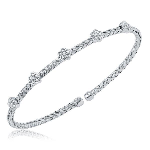 BCGR1Q02K-W Sterling Silver FIORI 3mm Woven Cubic Zirconia Flowe Station Cuff