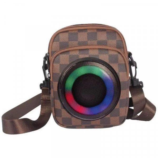 Adjustable Travel Bag Portable Bluetooth Speaker with Colorful LED Lights for Music On-the-Go - Checker Brown