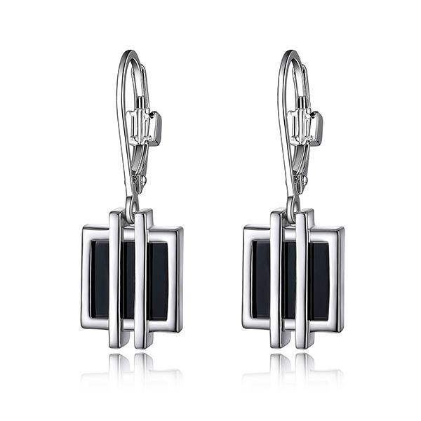 ER2LCB627-W Sterling Silver MIDNIGHT Square Black Agate Leverback Dangle Earrings