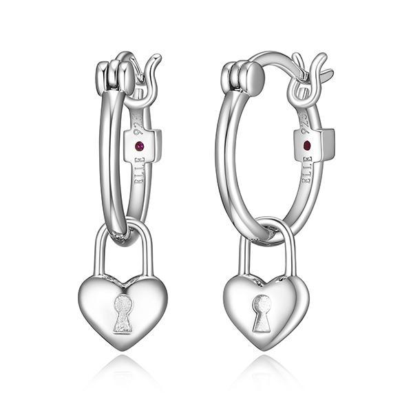 ER2LCGEA0-W Sterling Silver LOCK AND KEY Heart Lock Dangle Hoop Earrings
