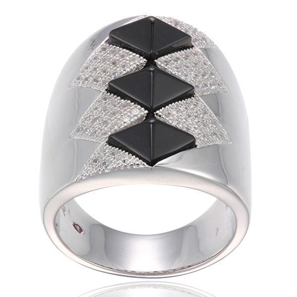 RR4L92027-W-6 Sterling Silver NEFER Black Agate and Cubic Zirconia Ring Size 6
