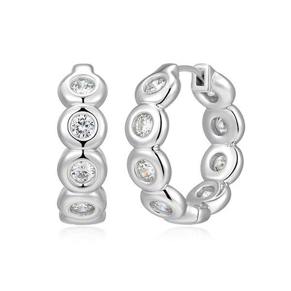 ER2AVUD00-W Sterling Silver Puffy Bezel 3mm Round Diamondlite Cubic Zirconia 20mm Hoop Earrings