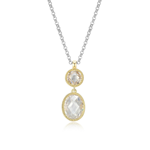 NR0LBZP9-2T Essence Cubic Zirconia Checkered Cut Oval and Round Two Tone Necklace