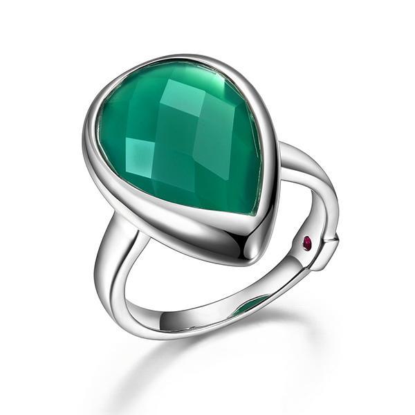 RR4LA7EA4-W-7 Sterling Silver Checkerboard Pear Shaped Genuine Green Chrysoprase Ring Size 7