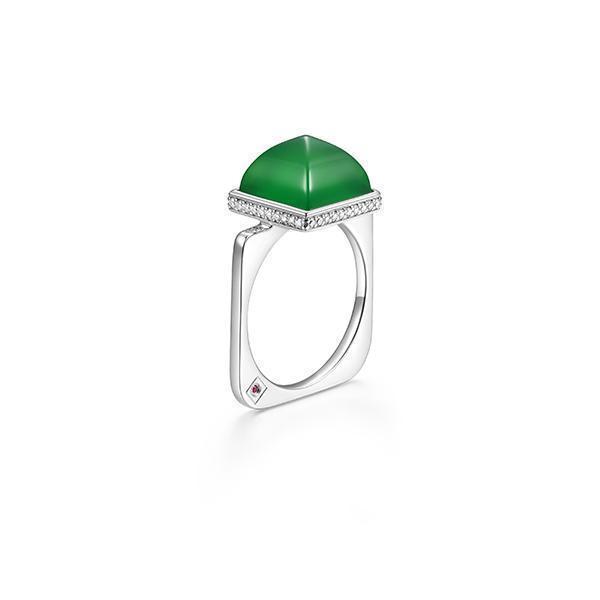 RR4LAJA-W-9 "Pivot" Genuine Green Agate & Cubic Zirconia Band Statement Ring - Silver
