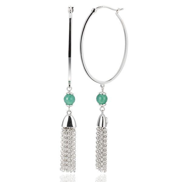 ER2LBN1AB-W Sterling Silver Green Agate 27mm Tassel Hoop Earrings
