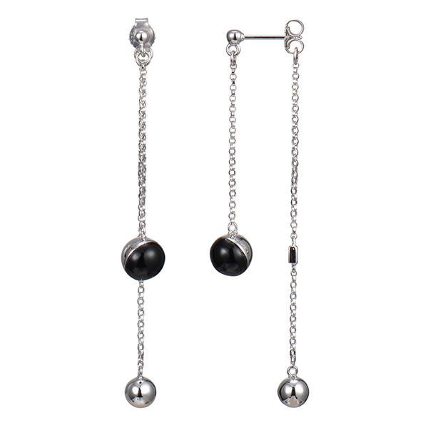 ER2LBY227-W Sterling Silver Ball Black Agate Dangle Post Earrings