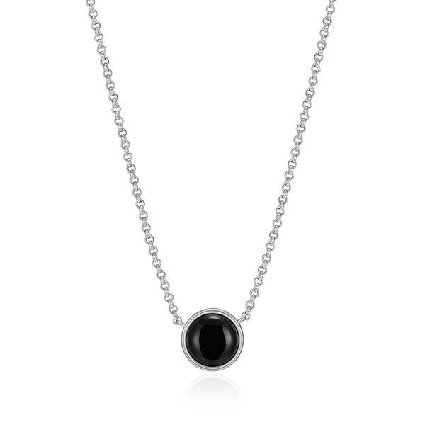 NR0LC1527-W-17 Sterling Silver LUSTRE Cabochon Black Agate Necklace Size 17