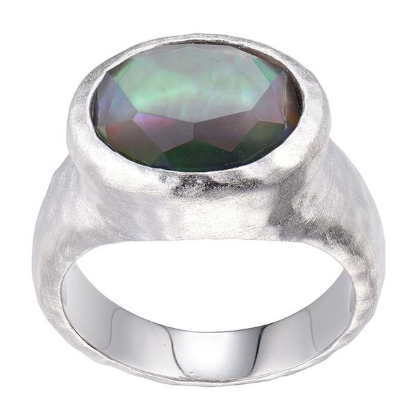 RR4L96496-W-7 Sterling Silver Grey Mother of Pearl and White Crystal Doublet Ring Size 7