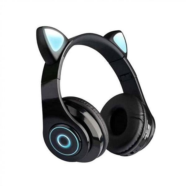 Bluetooth Wireless Cute Cat LED Foldable Headphone Headset with Built in Mic - Black