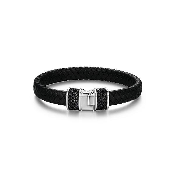 Sterling silver CJ Ethos BLACK ICE 2 tone genuine black sapphire 10mm wide leather bracelet