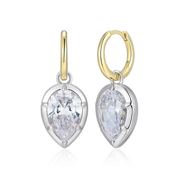 ER2AWCT97-2T Sterling Silver Diamondlite Cubic Zirconia Bezel Set 2 in 1 Inverted Pear Huggie Two Tone Earrings